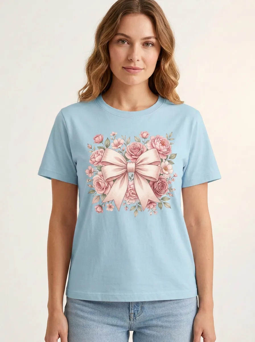 Women's Breast Cancer Awareness Pink Bow Floral Printed T-shirt