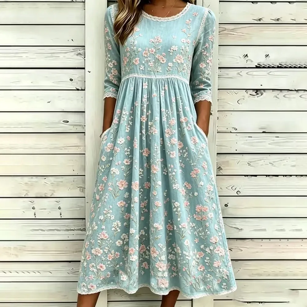 Retro Pink Flower Art Linen Blended Lake Blue Round Neck Mid Sleeve Dress
