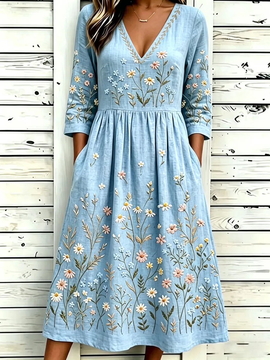 Women'S Cotton And Linen Casual Printed Dress