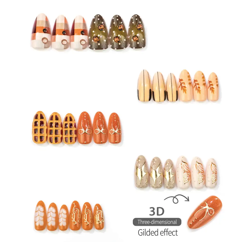 Nailhour 30Pcs Brown 3D Vintage Medium Almond Press On Nails