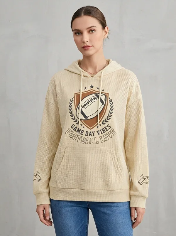 Women's Football Game Day Vibes Shield Printed Waffle Hoodie