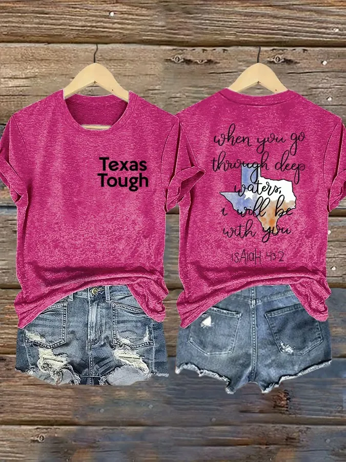 Retro Texas Tough Print Round Neck T-Shirt
