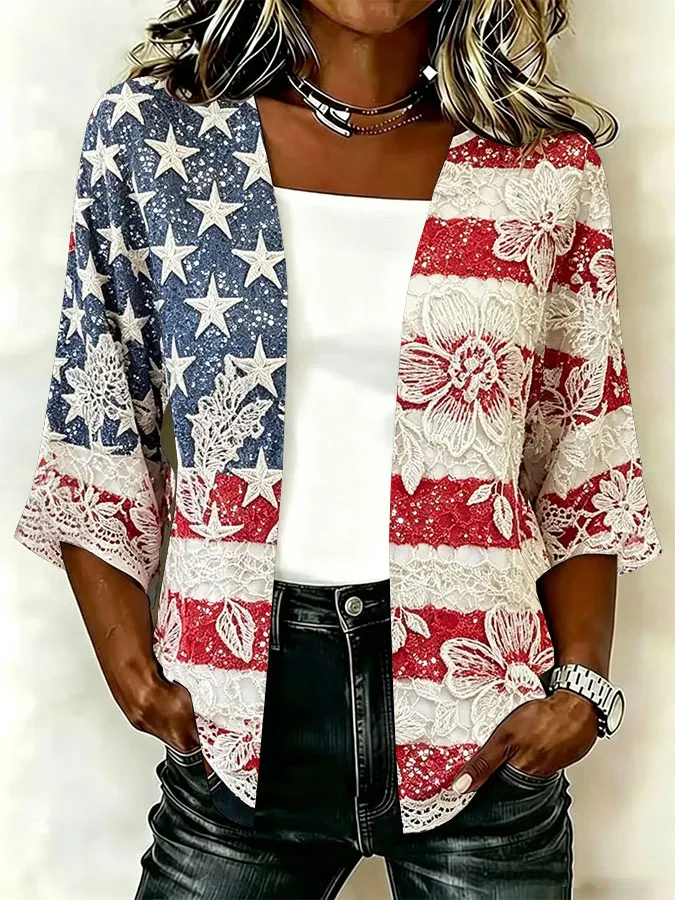 Women'S Casual Loose Independence Day Patriotic Cardigan