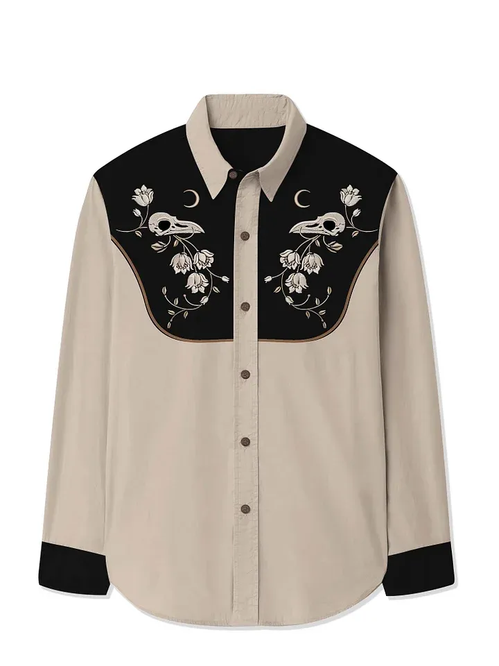 Flower And Raven Skull - 100% Cotton Long Sleeves Shirt