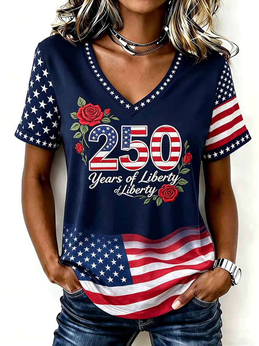 Women's Retro American 250th Anniversary V-neck Short-sleeved T-shirt
