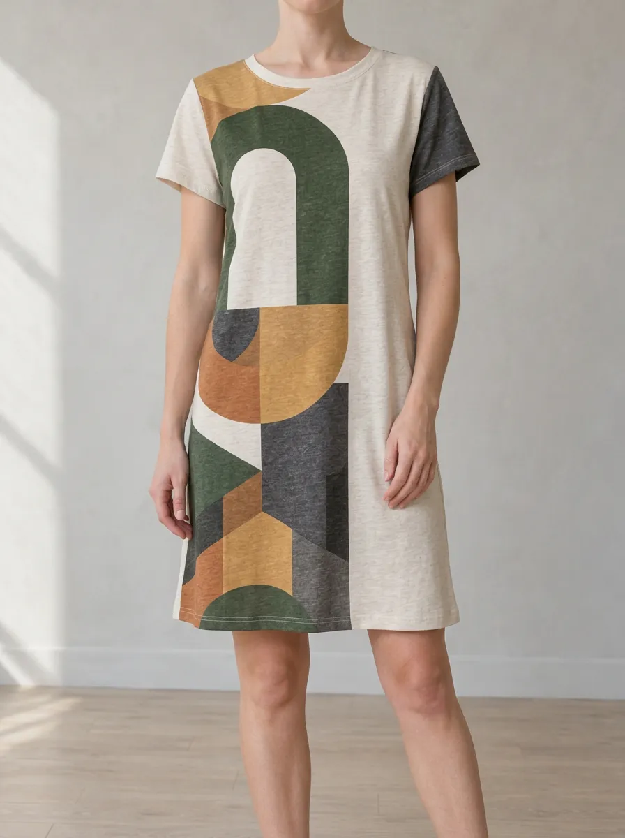 Women's Crew Neck Relaxed Geometric Print T-Shirt Dress