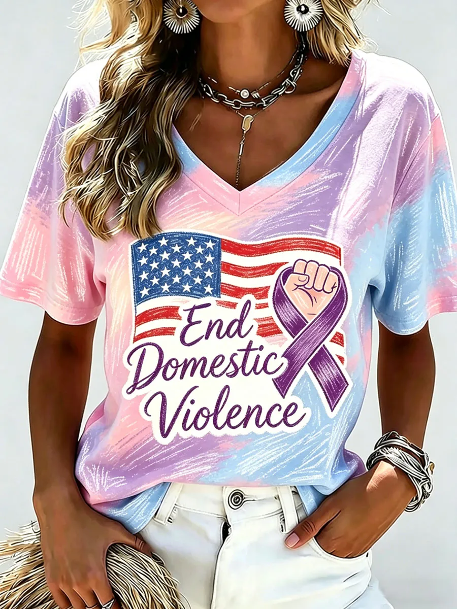 Women's Casual End Domerstic Violence Printed T-shirt