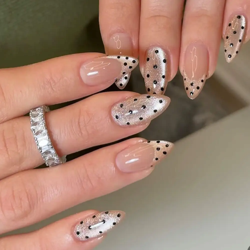 Nailhour 24Pcs French Medium Almond 3D Cat Eye Press On Nails