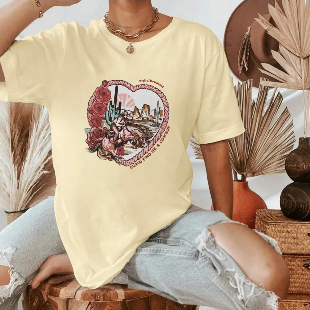 A Cowboy On A Horse With Roses And Cactus In The Heart-Shaped Outline, With A Desert And Sunrise Scene In The Background, Western Cowboy Style, Casual T-Shirt