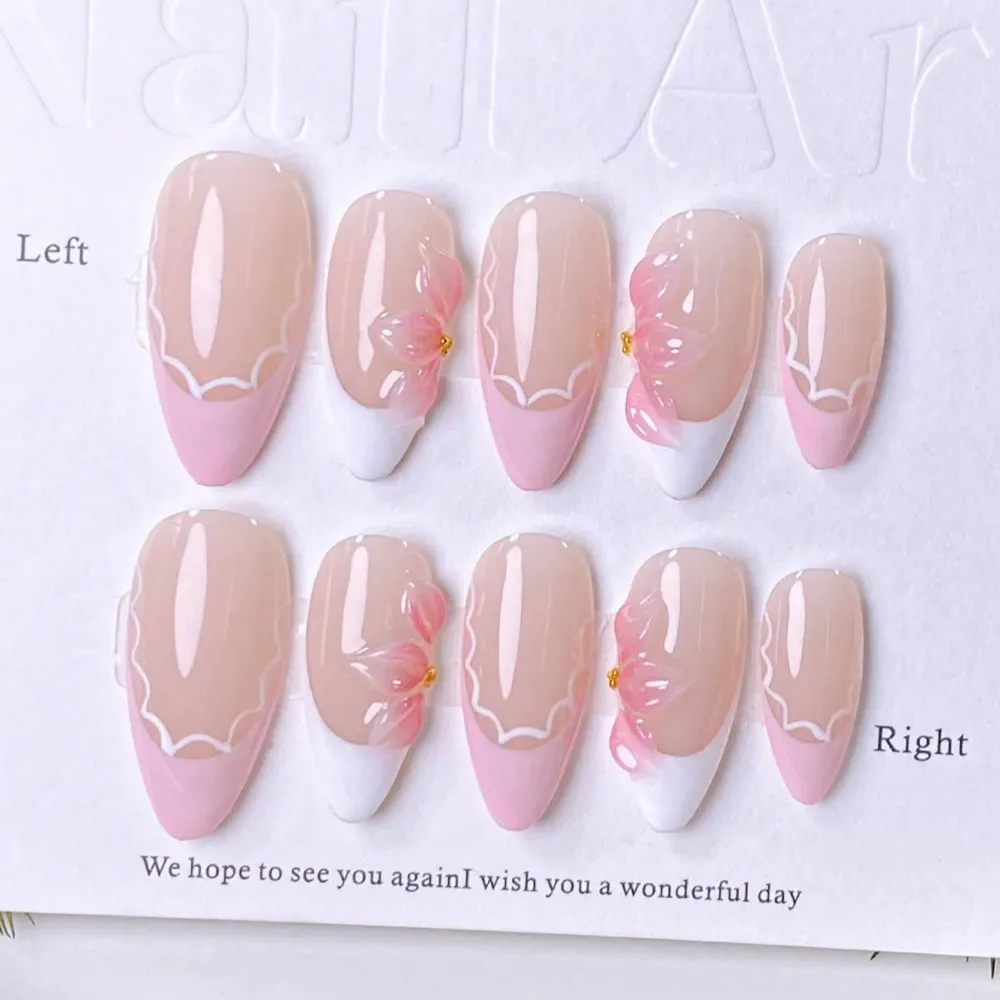 Nailhour 10Pcs Handmade French Medium Almond 3D Resin Nude Press On Nails
