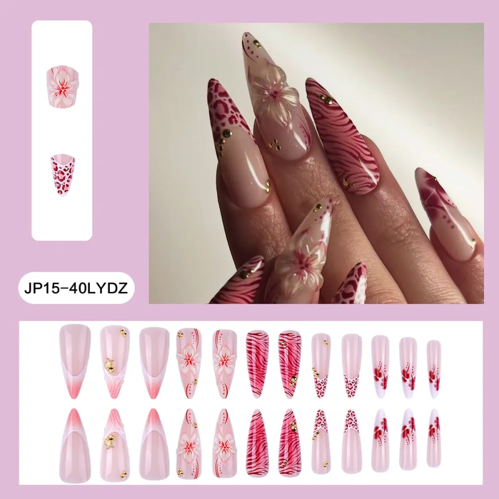 Nailhour 24Pcs Pink Leopard Print Medium Almond French Press On Nails