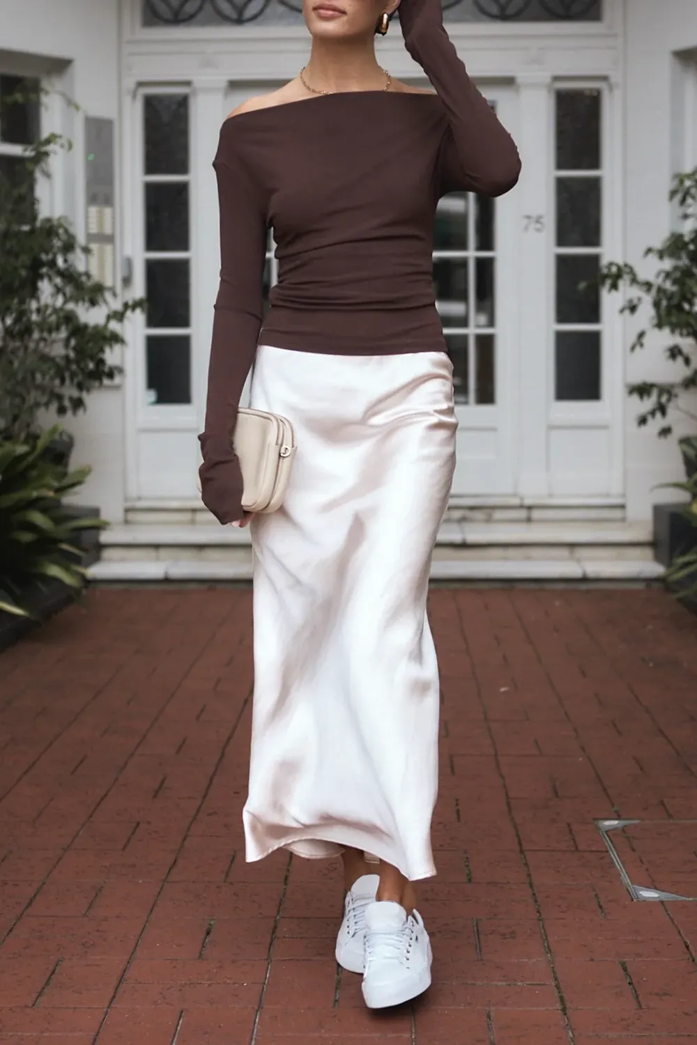 White Satin Asymmetric Midi Skirt