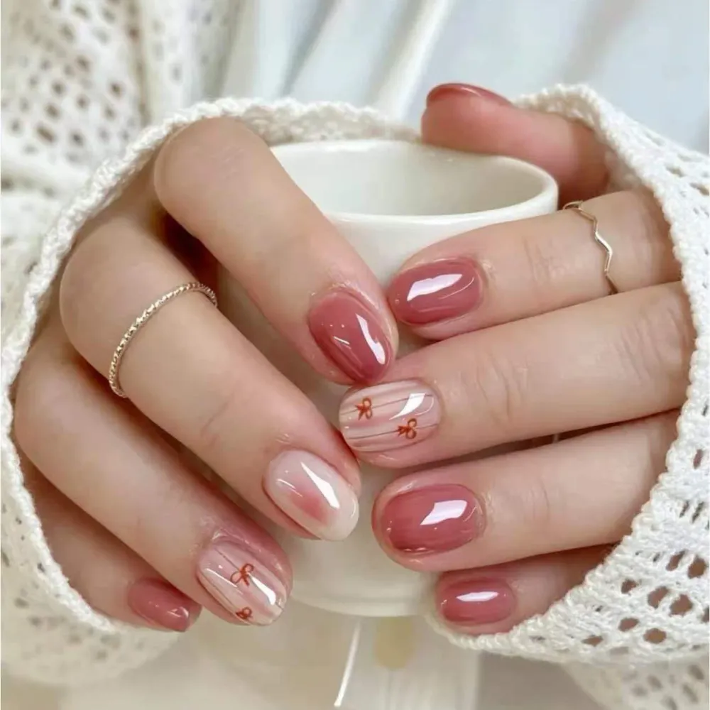 Nailhour 24Pcs Pink Gradient Short Oval Press On Nails