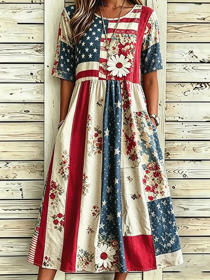 Ladies' Independence Day printed short sleeved dress