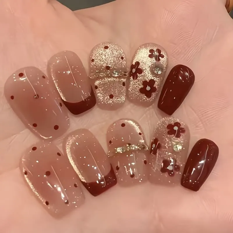 Nailhour 30Pcs Red Rhinestone French Medium Square Press On Nails
