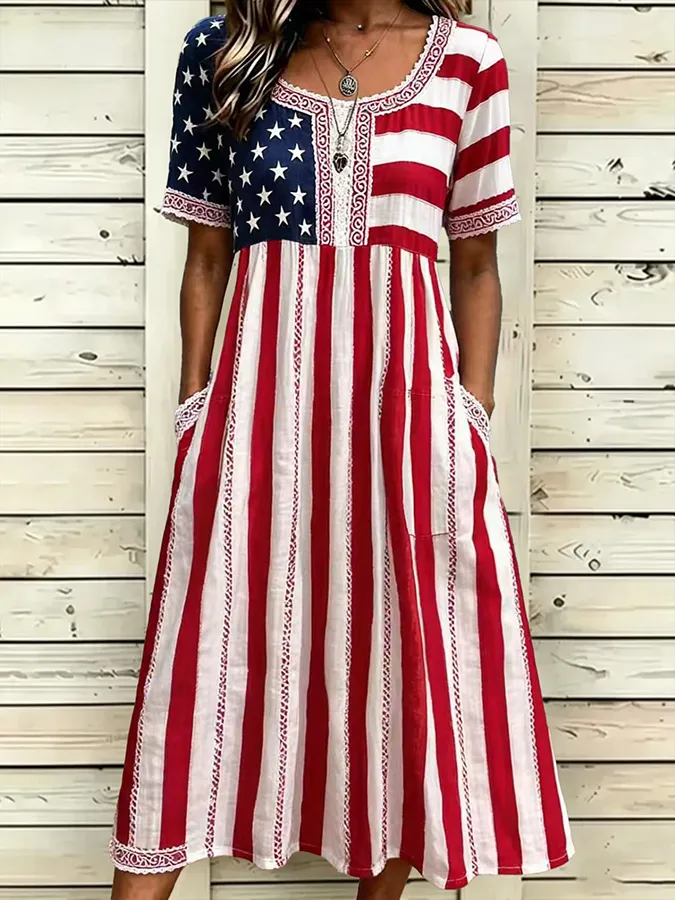 Women's National Flag Print Cotton Linen Short-Sleeved Dress
