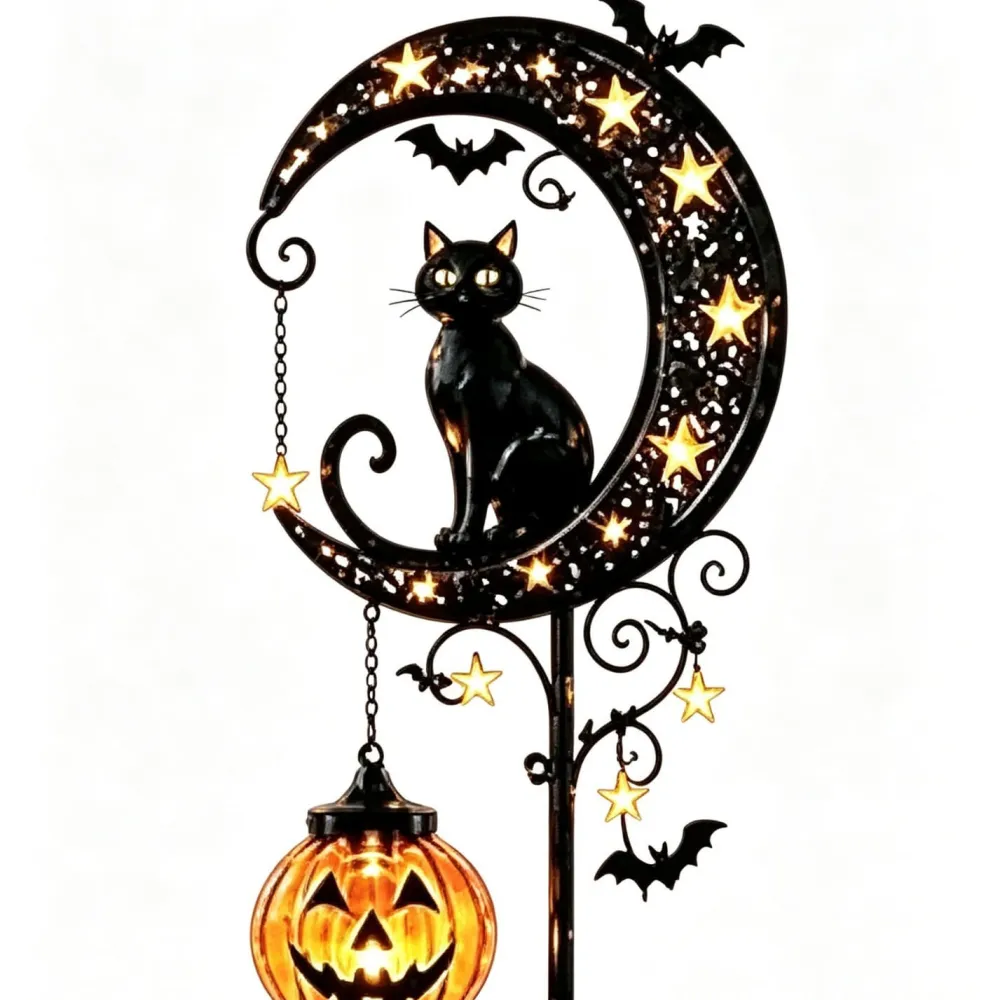 Halloween Solar Black Cat & Pumpkin Moon Stake Light