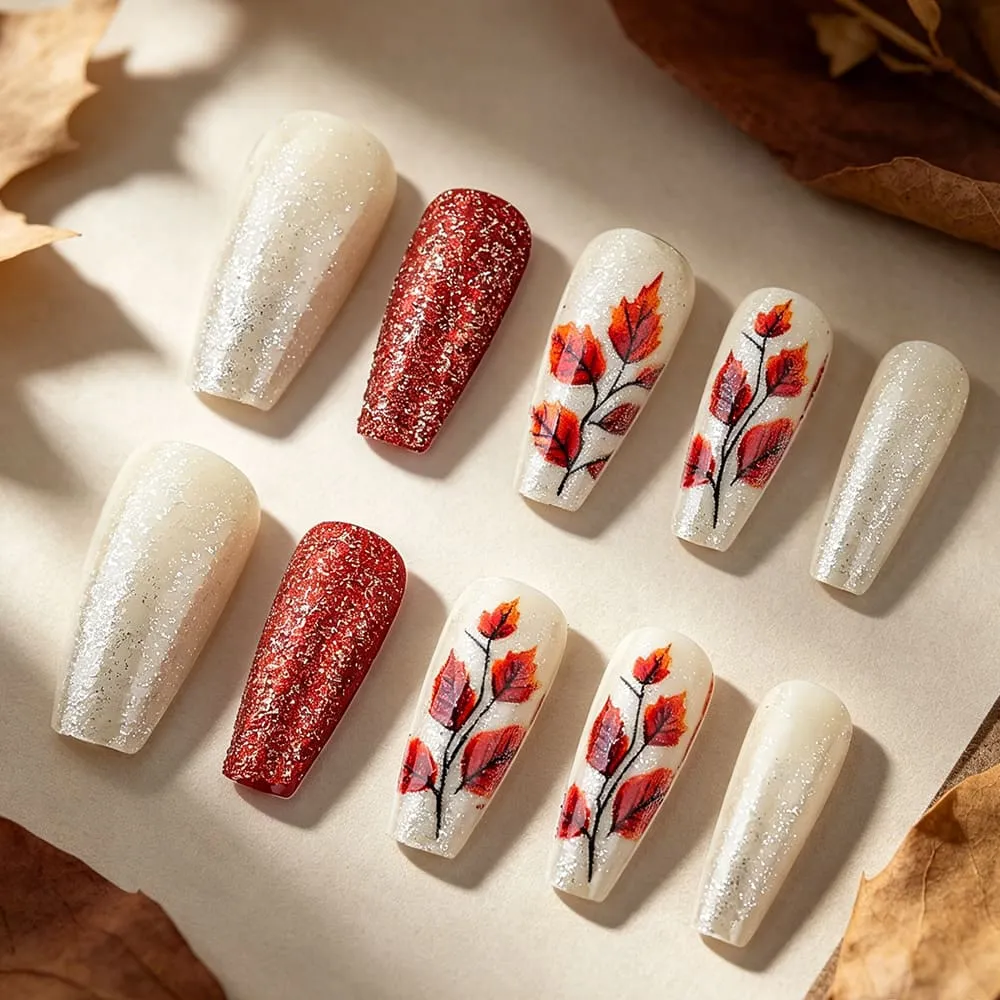 Nailhour 24Pcs Autumn Glitter Medium Square Press On Nails