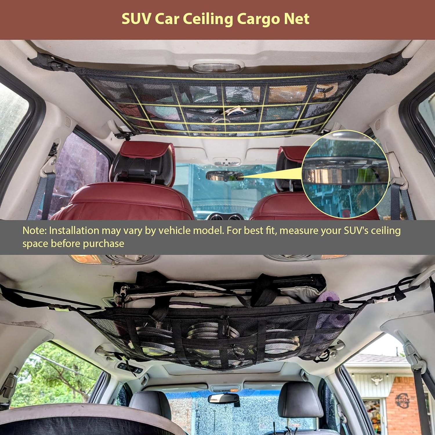 Overhead view of cargo net loaded with items and zippered pocket