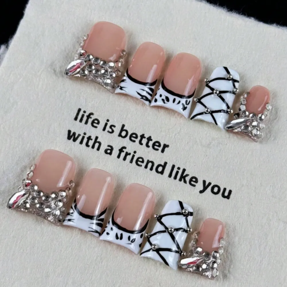 Nailhour 10Pcs Handmade Medium Duck Hand-Painted Zebra Patter Press On Nails