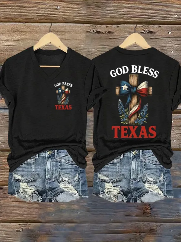Women's Retro God Bless Texas Cross Print V-Neck T-Shirt