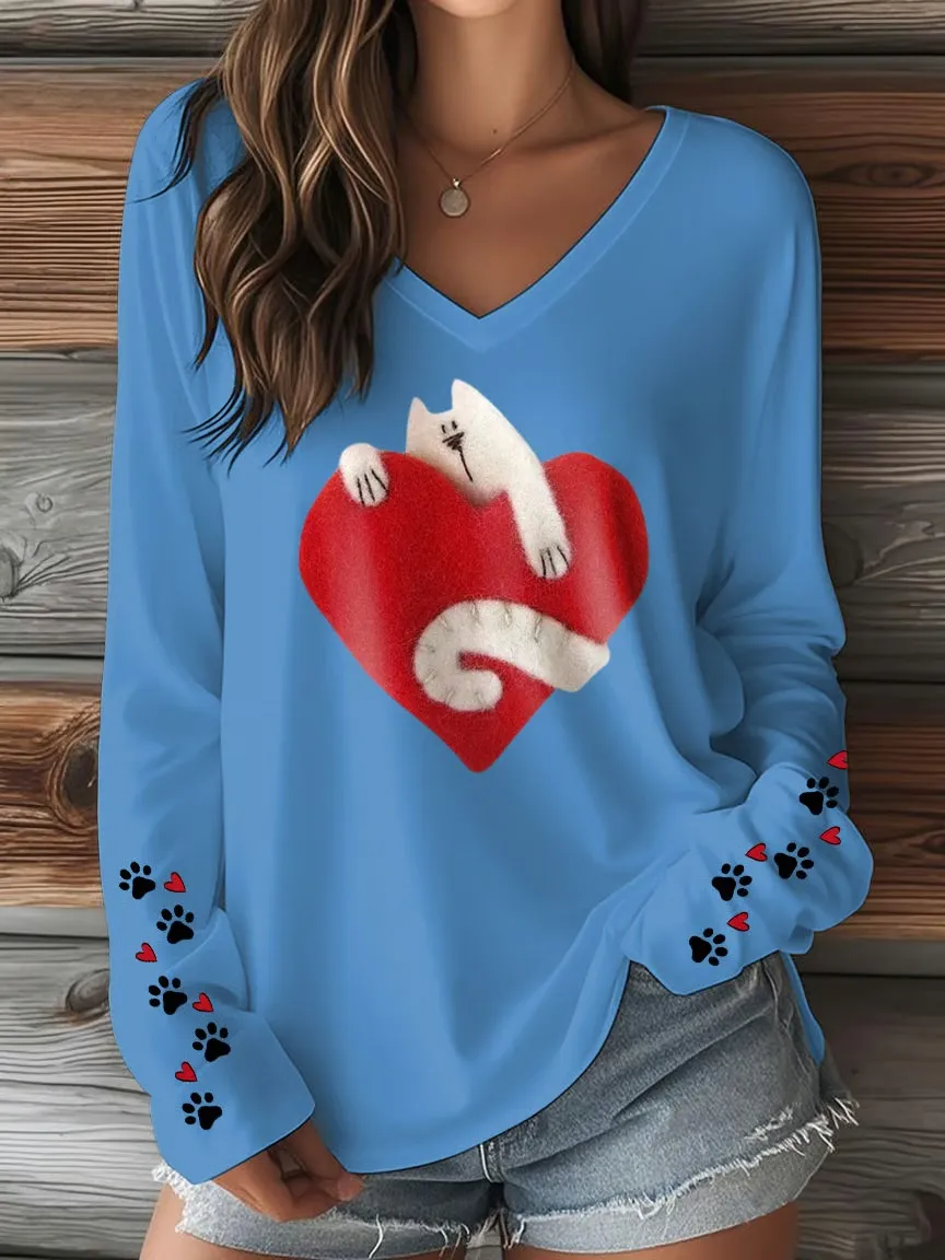 Women's T-shirt With Cute Cat Print And V-Neck And Long Sleeves