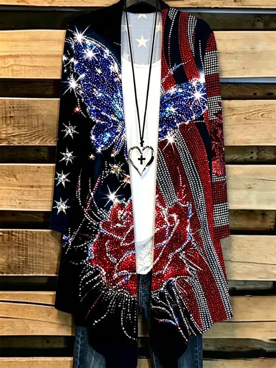 Women's Casual American Flag Print Cardigan