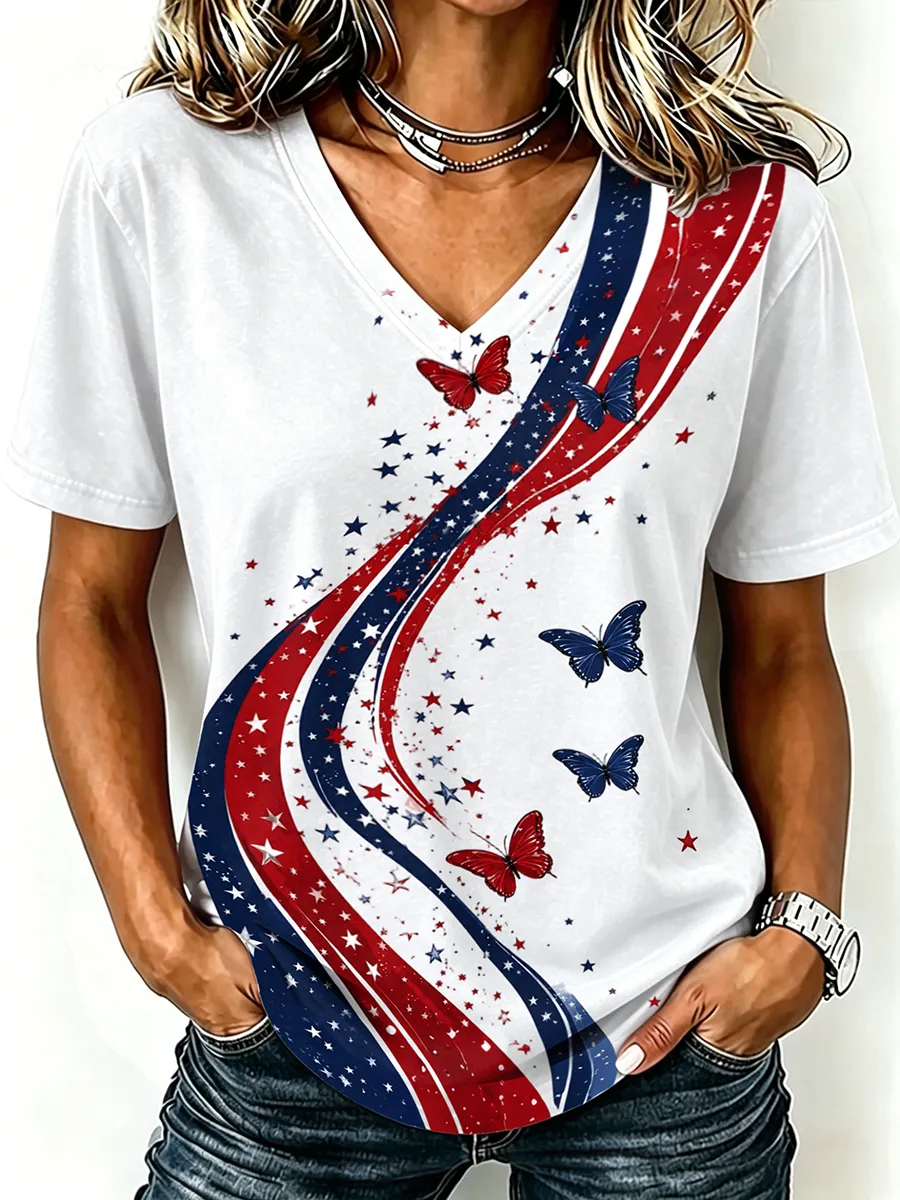 Women'S America Flag  Print Casual V-Neck T-Shirt