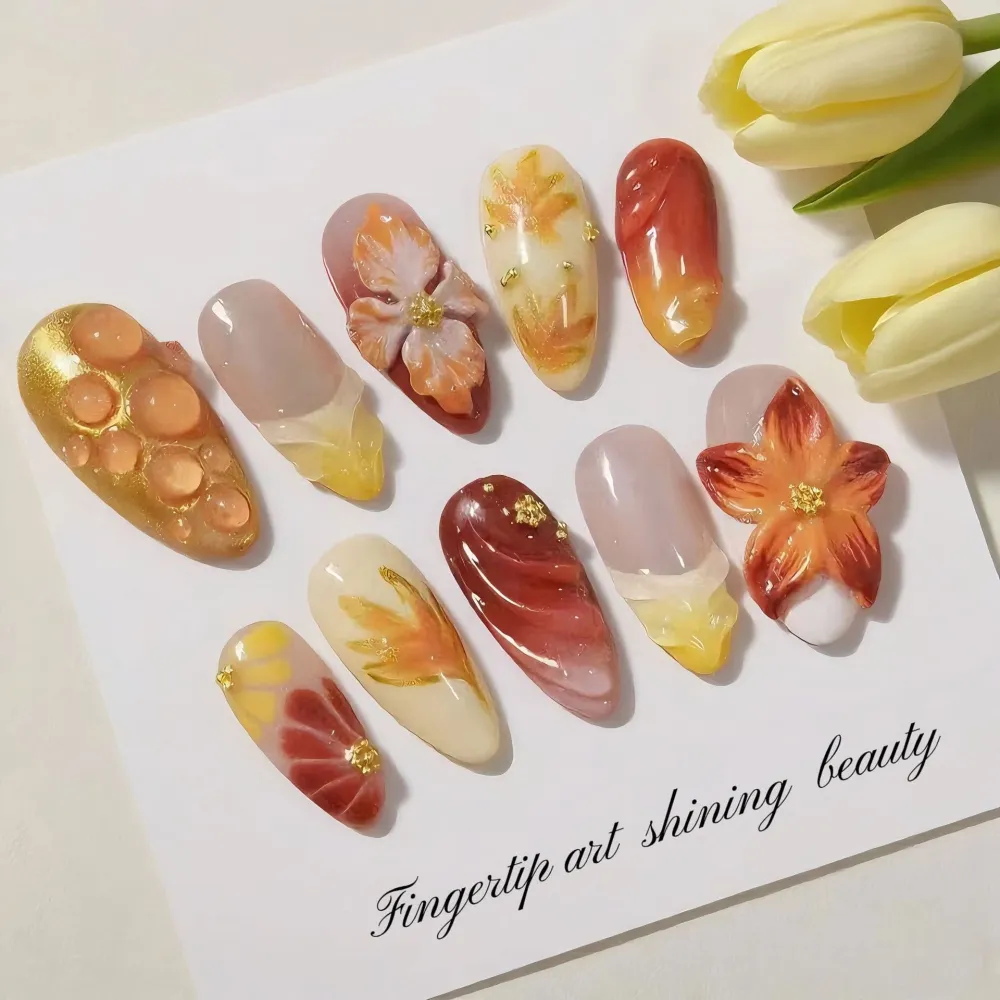 Nailhour 30Pcs Floral Autumn/Winter 3D Medium Almond French Press On Nails