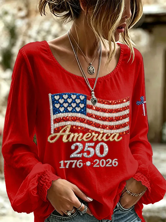 Women'S America Flag Printed Casual Cotton And Linen Top