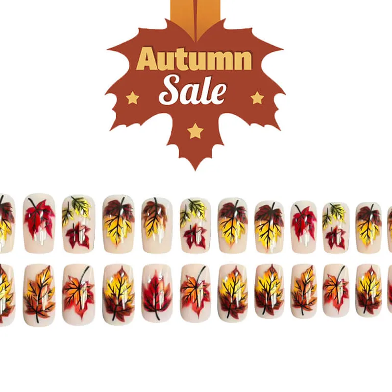 Nailhour 24Pcs Autumn Floral Short Square Press On Nails