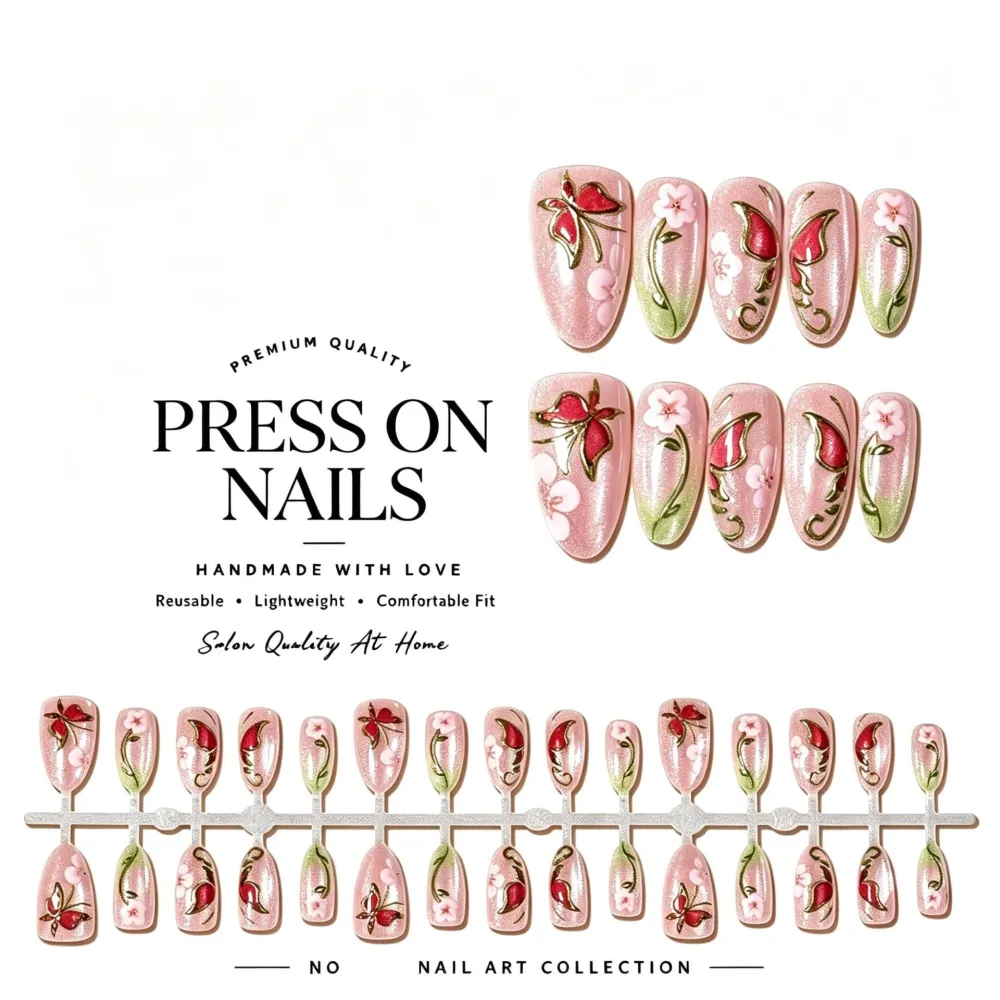 Nailhour 30Pcs Pink & Green Cat Eye Medium Almond French Press On Nails