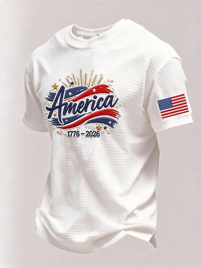 Men’s USA 250th Anniversary Embroidered Print Short Sleeve Waffle T-Shirt