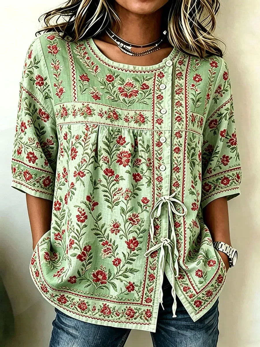 Women'S Cotton And Linen Casual Striped Print Top