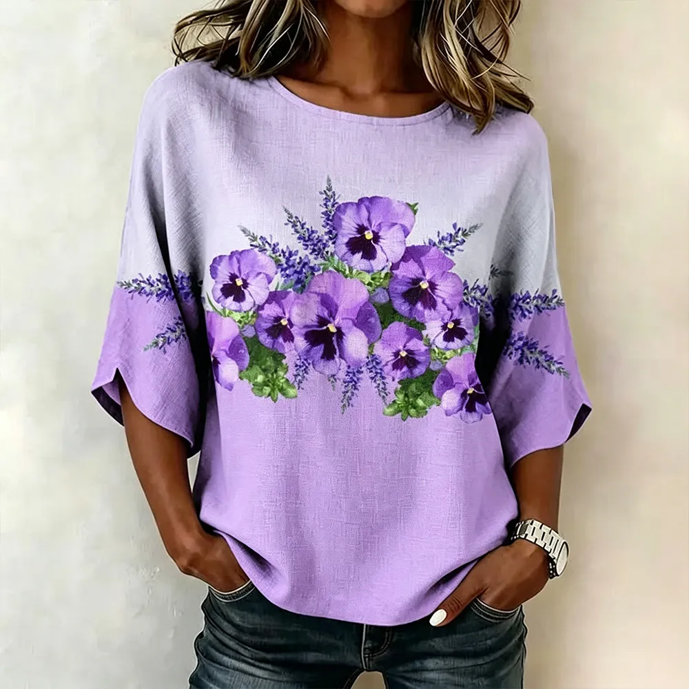 Alzheimer's Floral Stitch Pattern Print Half Sleeve Casual Blouse