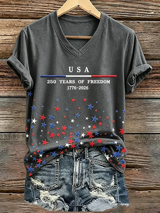 250Th Anniversary American Embroidery Commemorative V-Neck Short Sleeved T-Shirt
