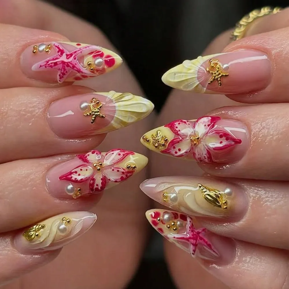 Nailhour 3D Yellow 24pcs French Almond Ocean Style Elegant 3D Stereo Starfish Press On Nails