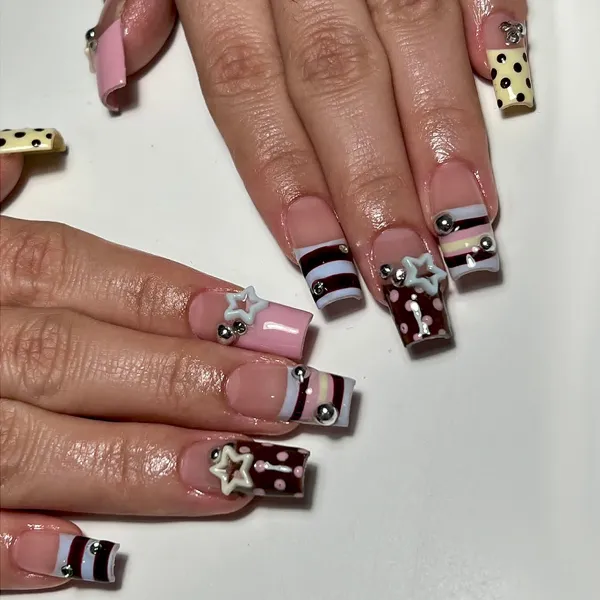 Nailhour 24 Pcs Candy-Colored Stitched Striped Pastel Brown Polka Dot Press On Nails
