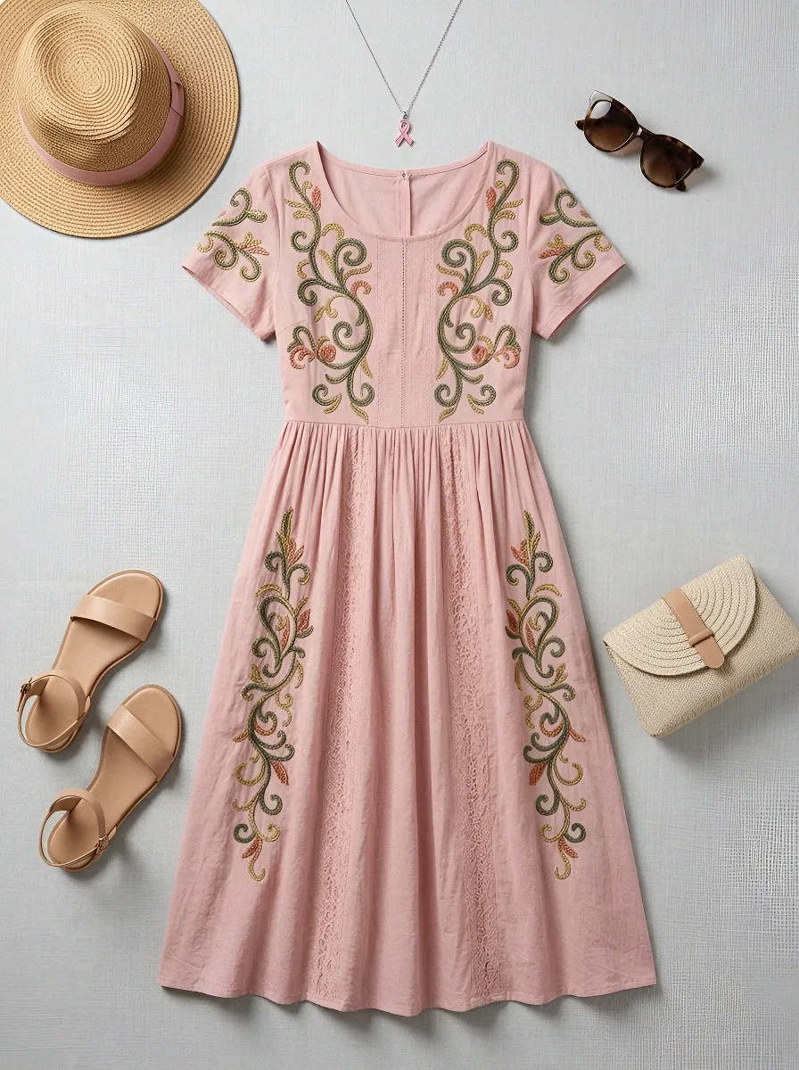 Women's Breast Cancer Awareness Floral Embroidery Printed Dress