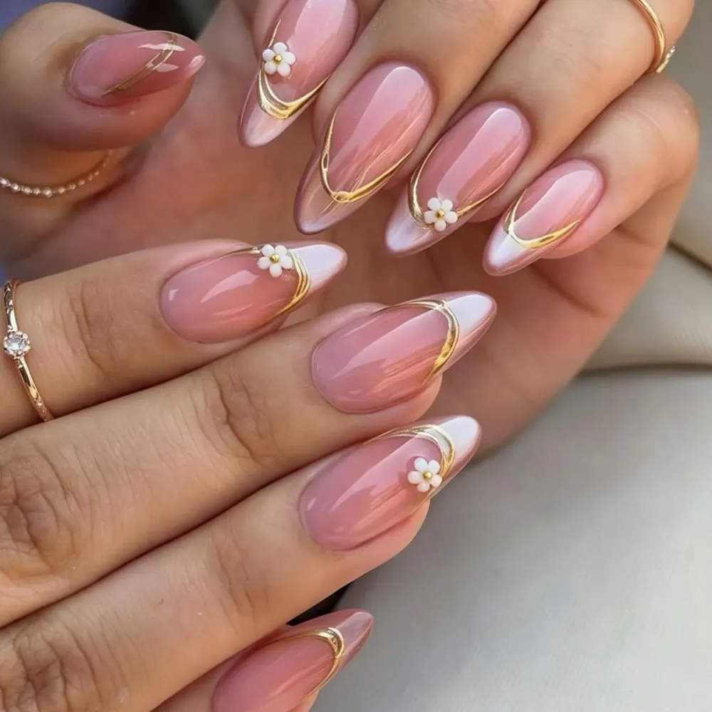 Nailhour 24Pcs Pink Gilded Cat Eye Medium Almond Press On Nails