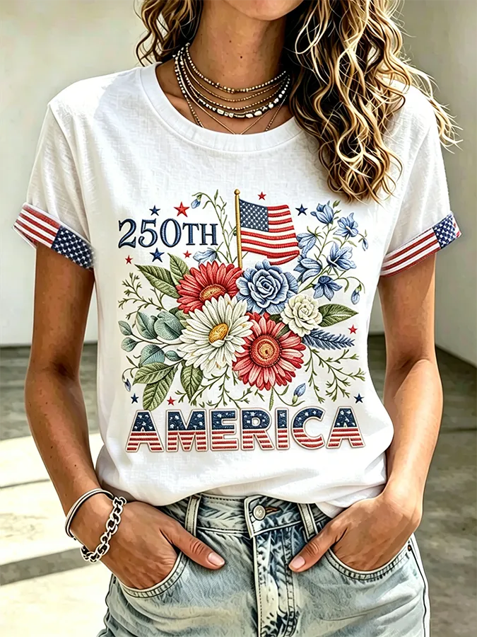 Ladies' Casual American 250Th Anniversary Flower Embroidered Round Neck Short Sleeved T-Shirt