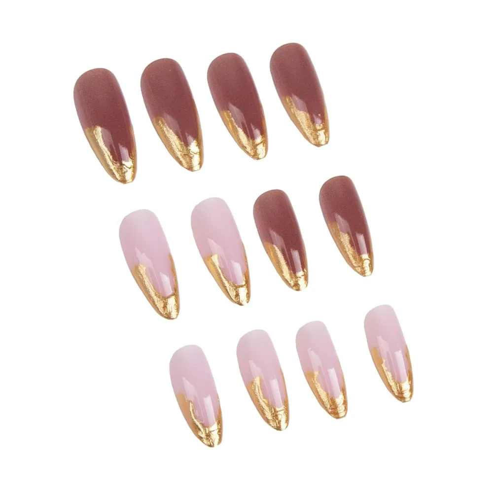 Nailhour 24Pcs Tulip Floral Gilded Medium Almond French Press On Nails
