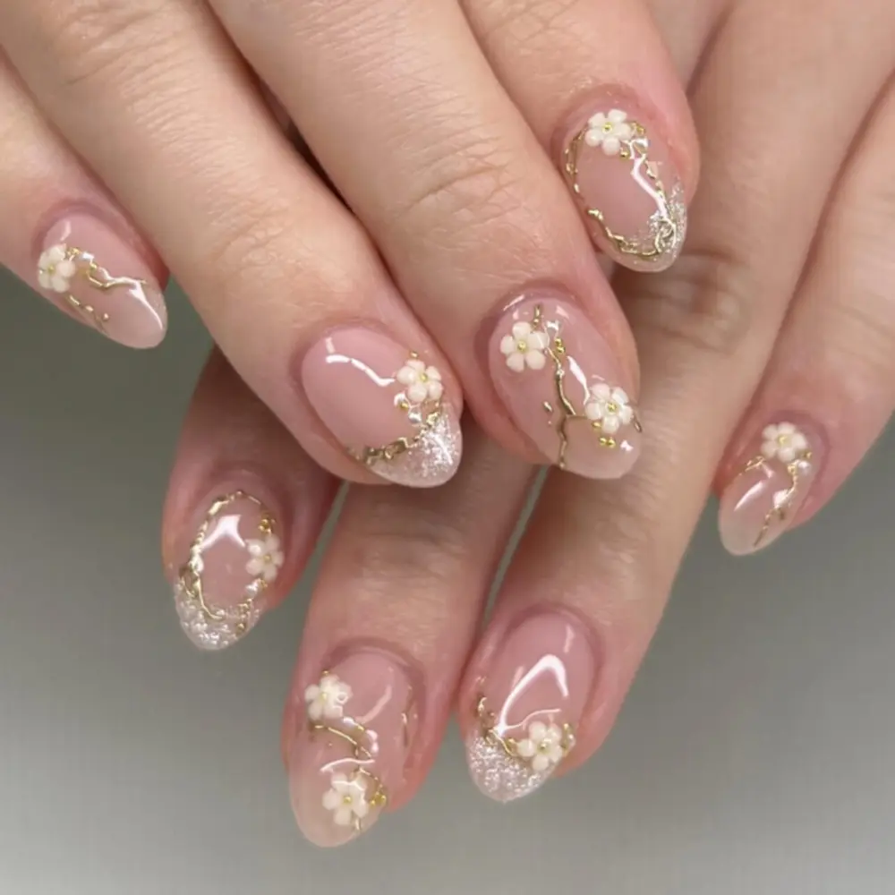 Nailhour 24Pcs Nude Floral Gradient Glitter Medium Almond Press On Nails