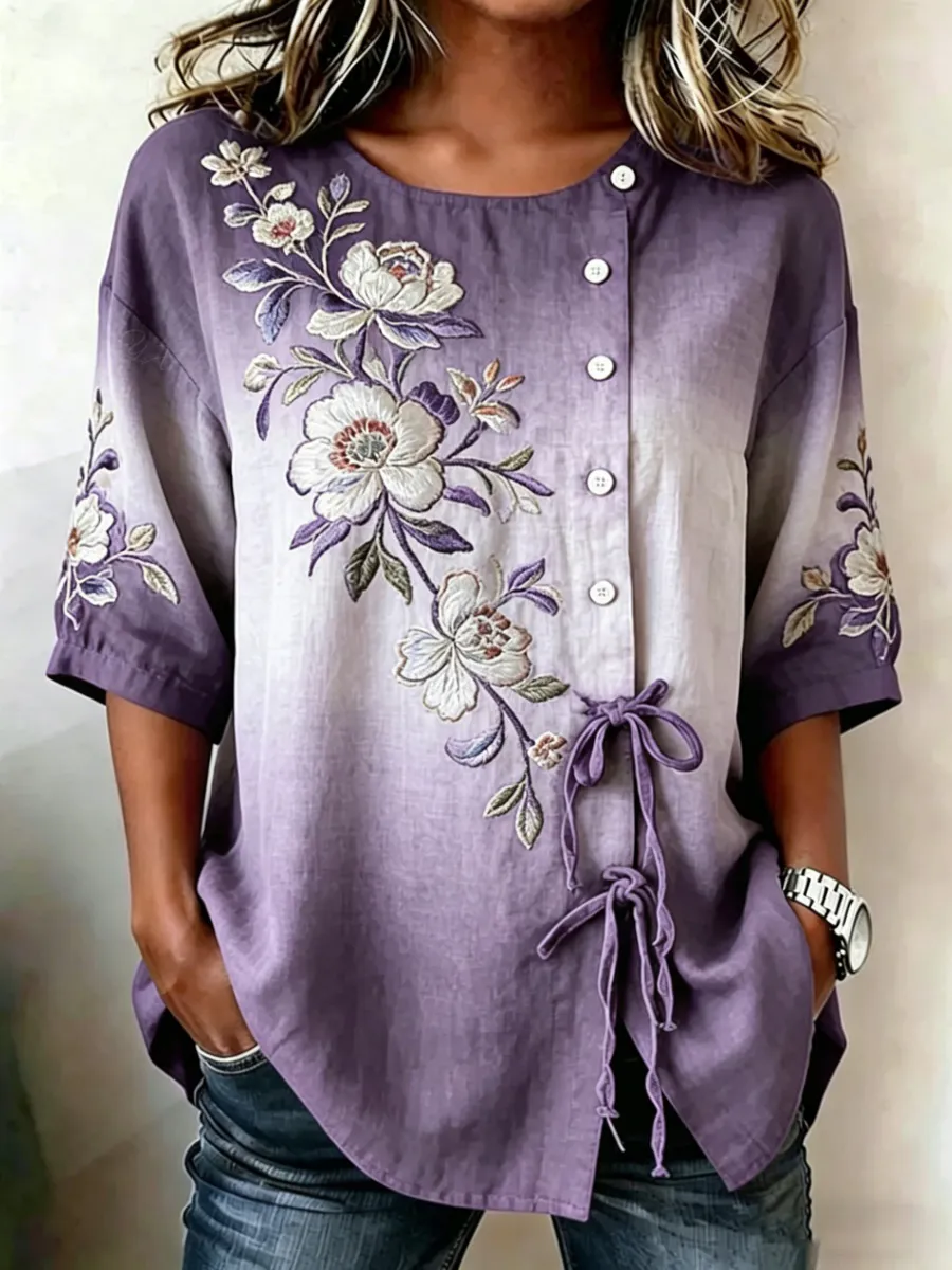 Vintage Floral Pattern Women's Linen Shirt