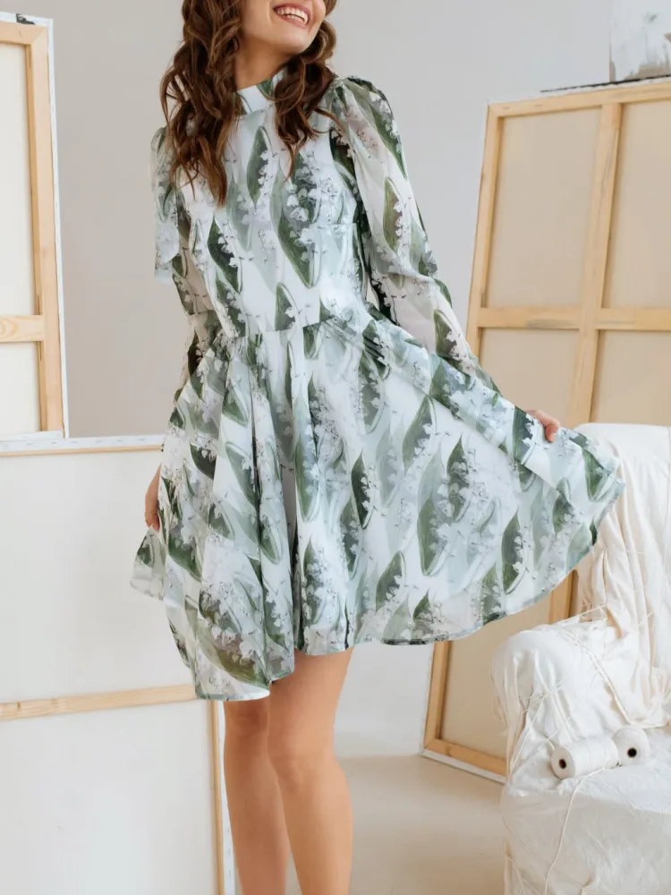 Backless Print Long Sleeve Dress