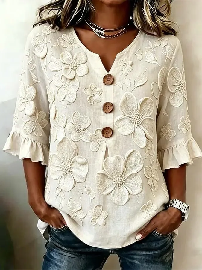 Women's Casual Printed Top With Ruffle Sleeves