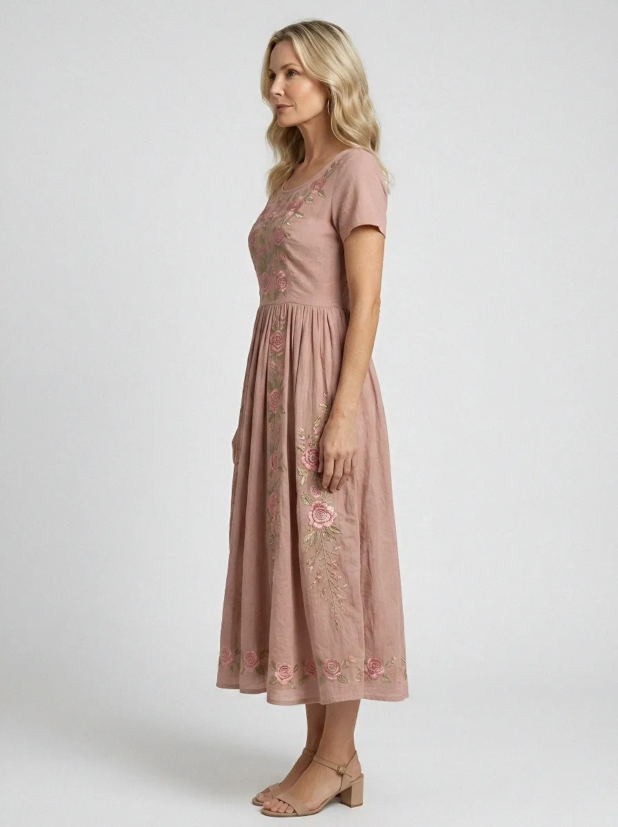 Women's Breast Cancer Awareness Rose Floral Embroidered Printed Dress