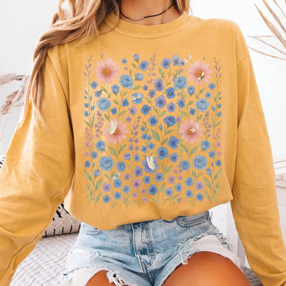 Blue Violet Wildflowers Long Sleeve Shirt