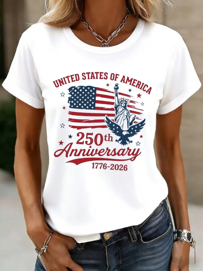 Women'S American Independence Day 250Th Anniversary Printed Round Neck Short Sleeve T-Shirt