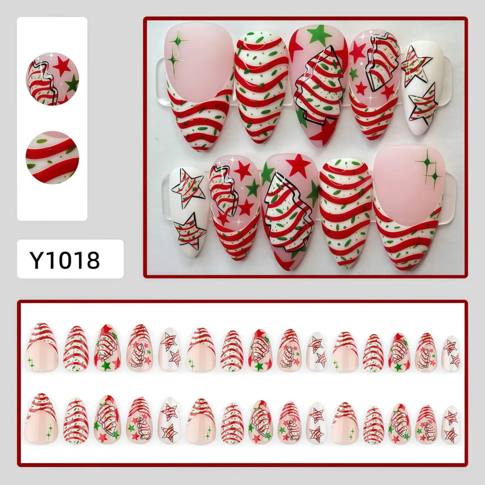 Nailhour 30Pcs Christmas Candy Cane Medium Almond French Press On Nails
